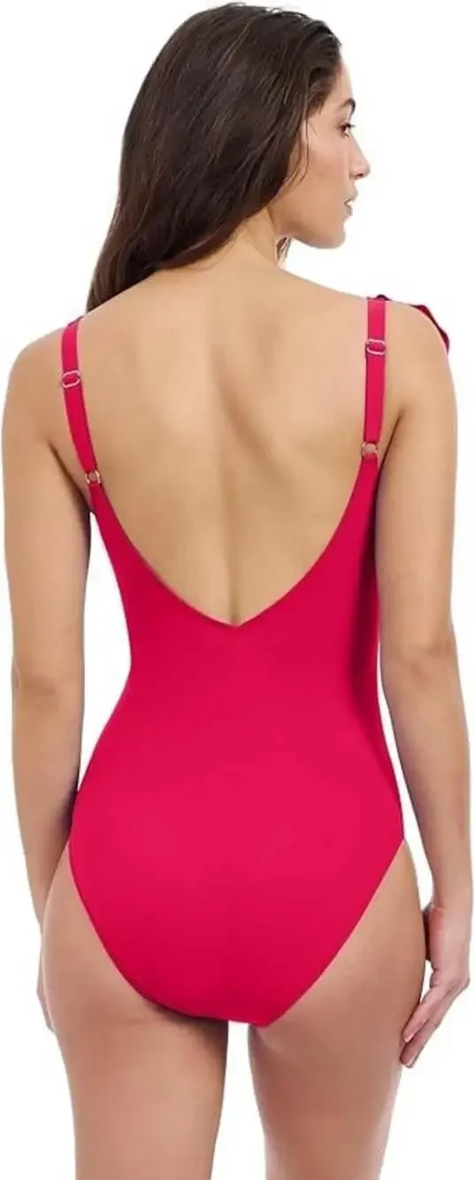 Profile by Gottex Tutti Frutti Size 14 Red Rose V-Neck Ruffle One Piece Swimsuit